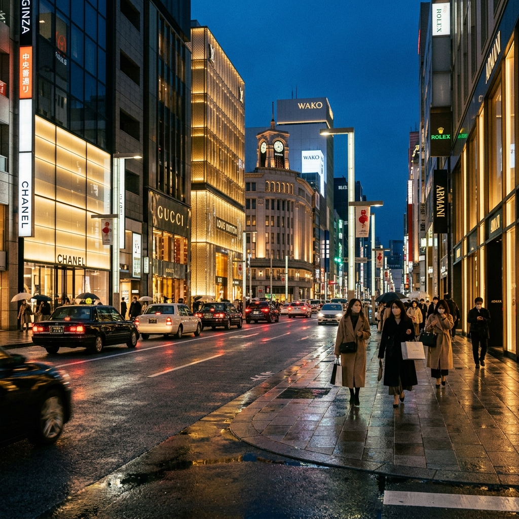 Luxury boutiques along Ginza avenue in Tokyo at dusk