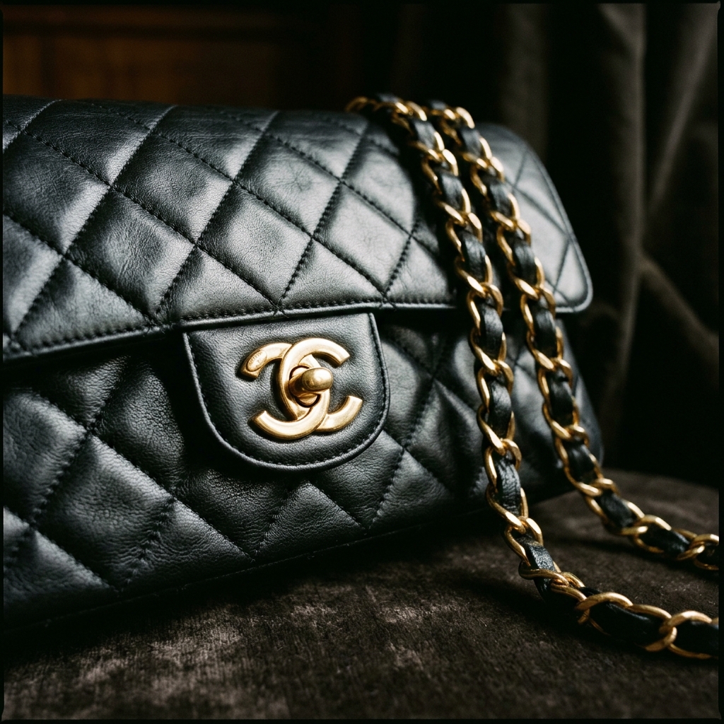 Close-up of vintage Chanel classic flap bag with gold hardware